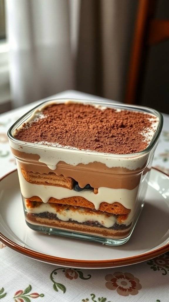 A layered tiramisu dessert in a glass dish, topped with cocoa powder.