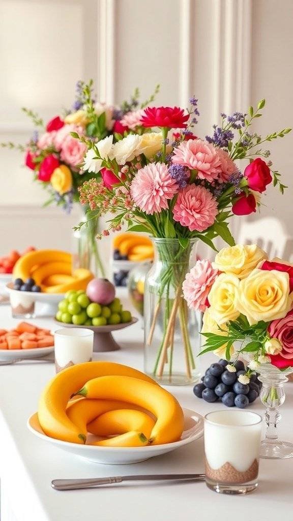 A beautifully arranged table for a Mother's Day brunch featuring flowers and fresh fruits.