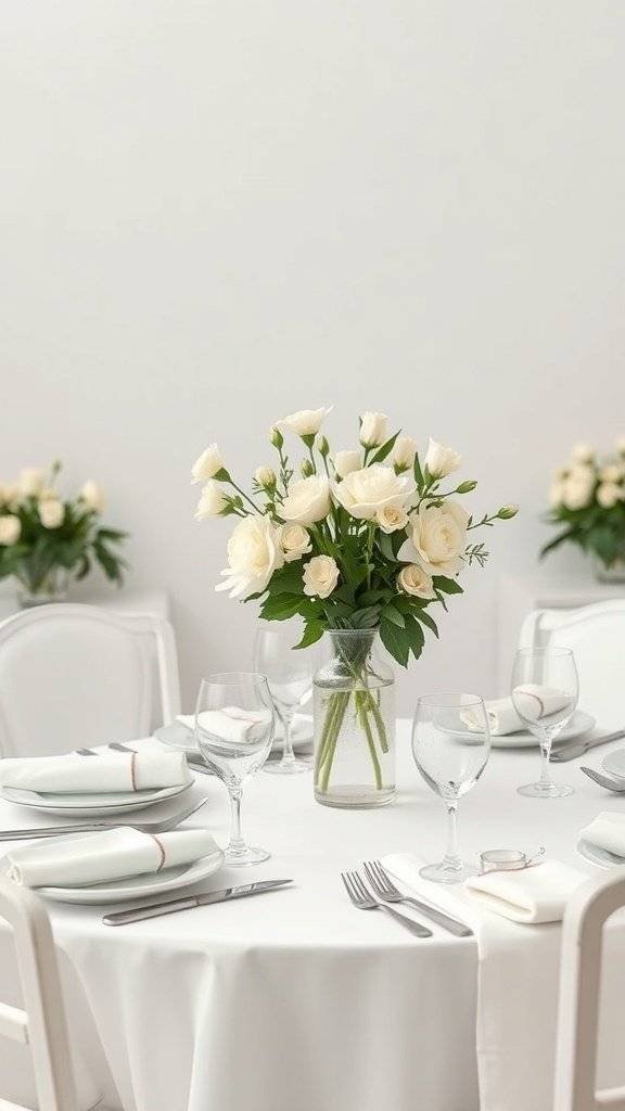 A beautifully set table for Mother's Day featuring white floral arrangements and elegant tableware.