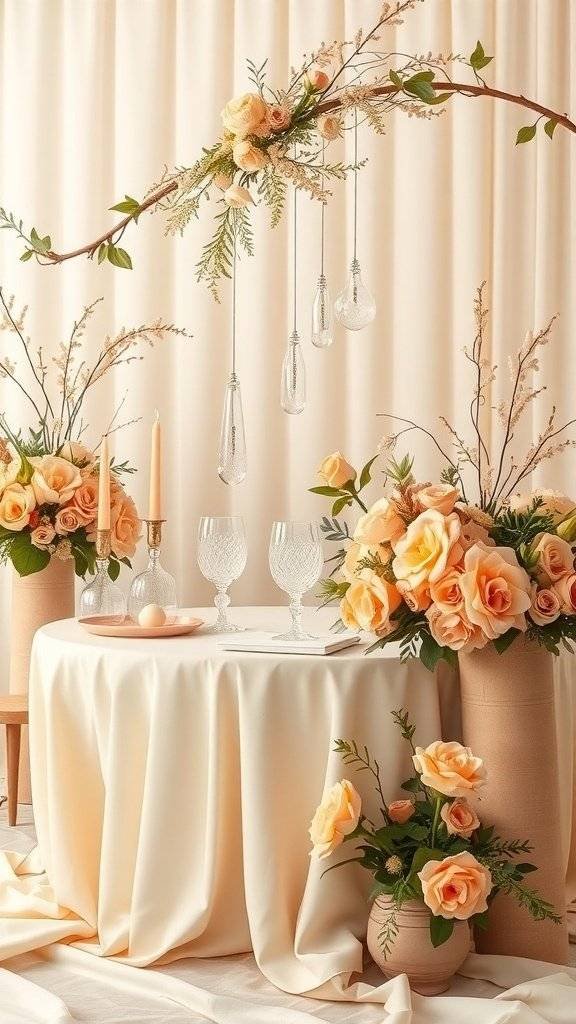 A beautifully styled Mother’s Day table with peach roses, crystal accents, and a cream tablecloth.