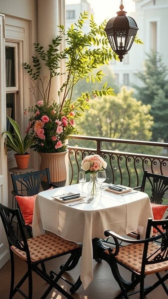 An intimate balcony setup for Mother's Day with a round table, flowers, and charming chairs.