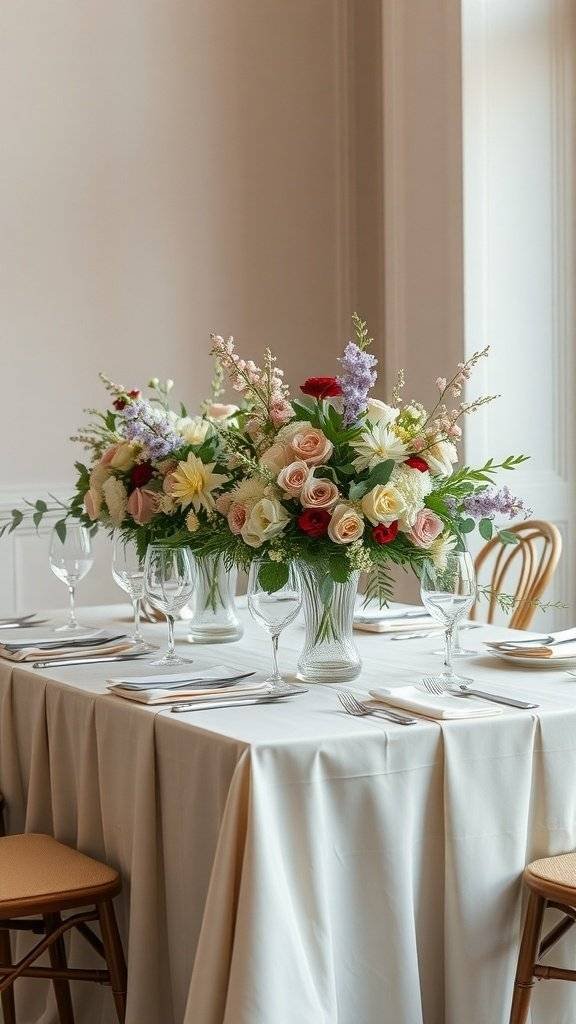 A beautifully arranged table for Mother's Day featuring floral centerpieces and elegant table settings.
