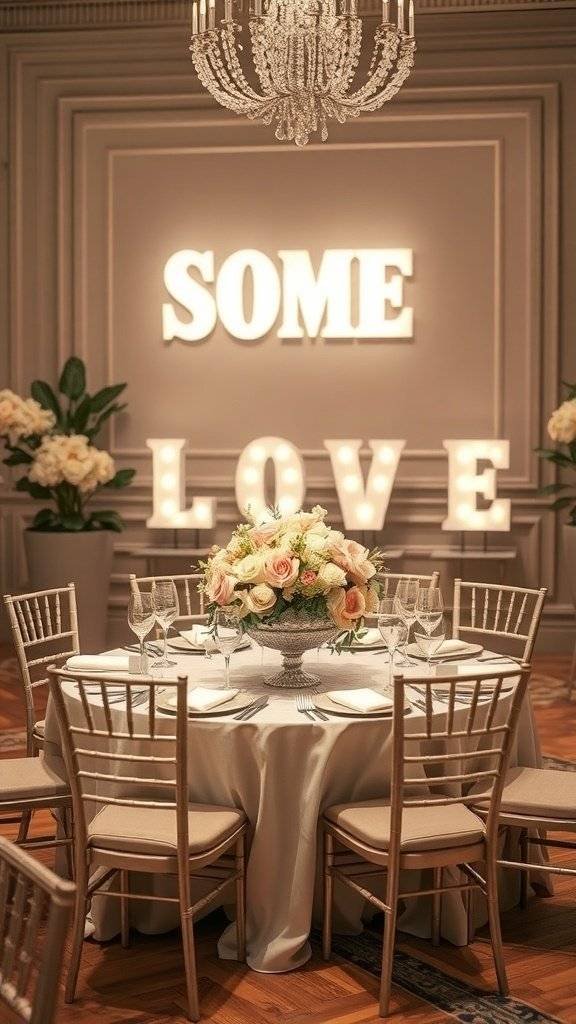 A beautifully set table for Mother's Day featuring silver and blush decor, with a floral centerpiece and elegant glassware.