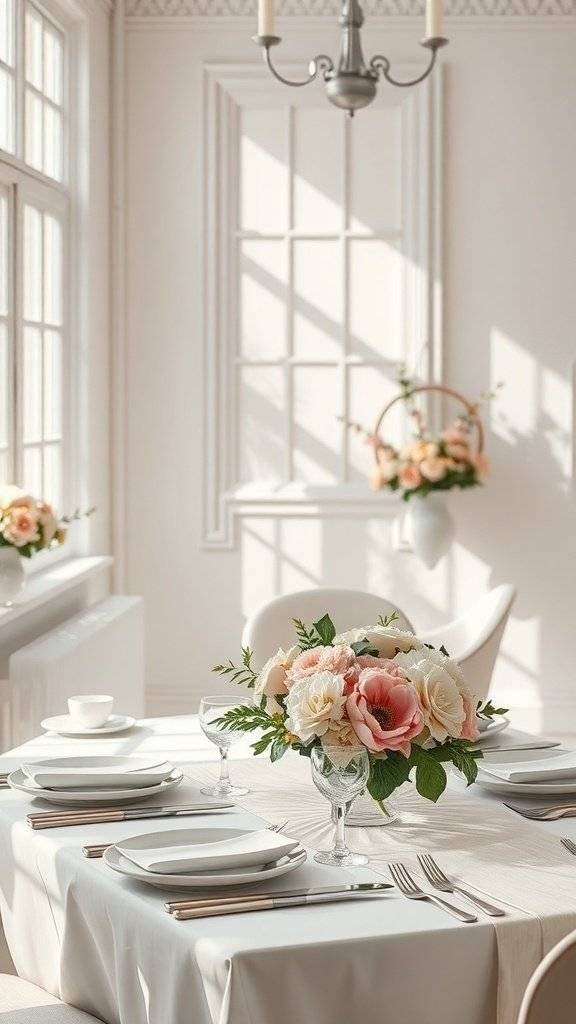 A sunlit dining room decorated for Mother's Day with a floral centerpiece and elegant table settings.