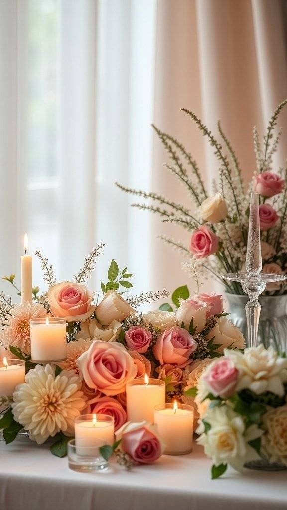 A beautifully arranged table for Mother's Day featuring pink roses, white flowers, and candles.
