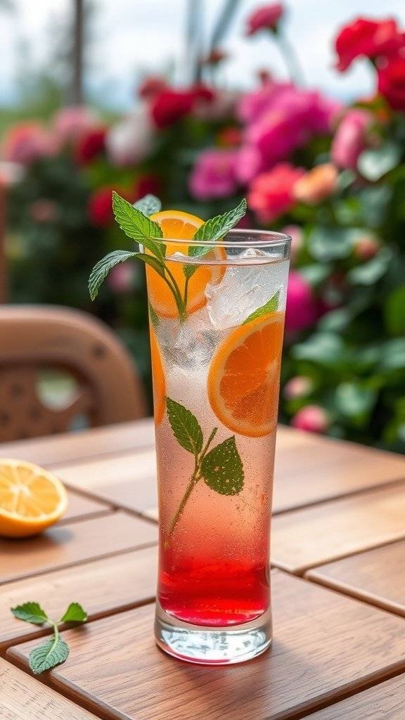 A refreshing cocktail with orange slices and mint leaves, set against a backdrop of colorful flowers.
