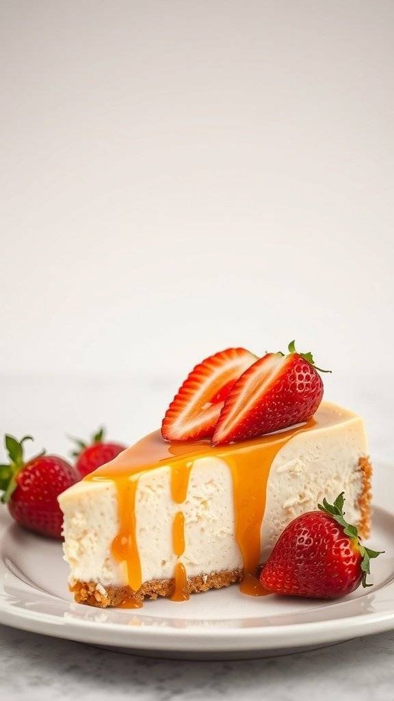 A slice of rich and creamy cheesecake topped with fresh strawberries and caramel sauce.