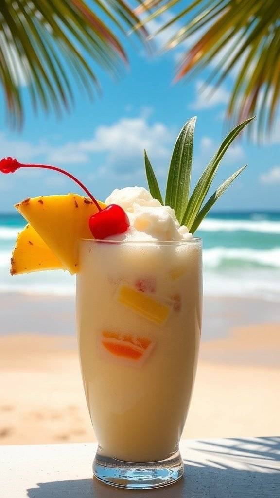 A refreshing piña colada served in a pineapple glass with a cherry and slice of pineapple on top.