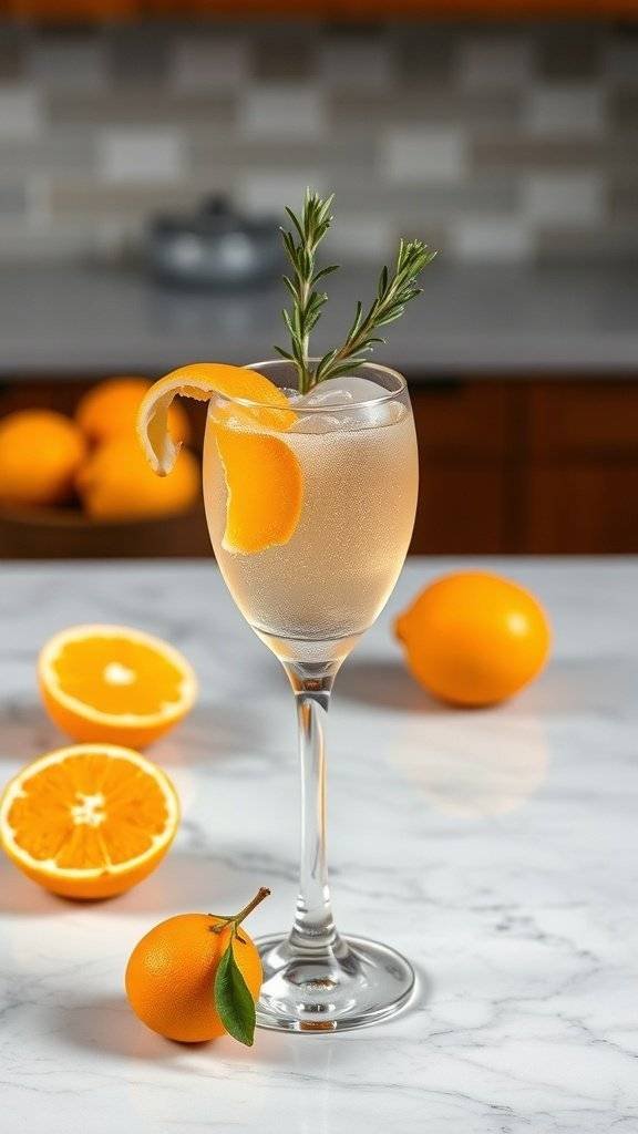 A refreshing Zesty Citrus Sparkler cocktail garnished with orange peel and rosemary, surrounded by fresh oranges.