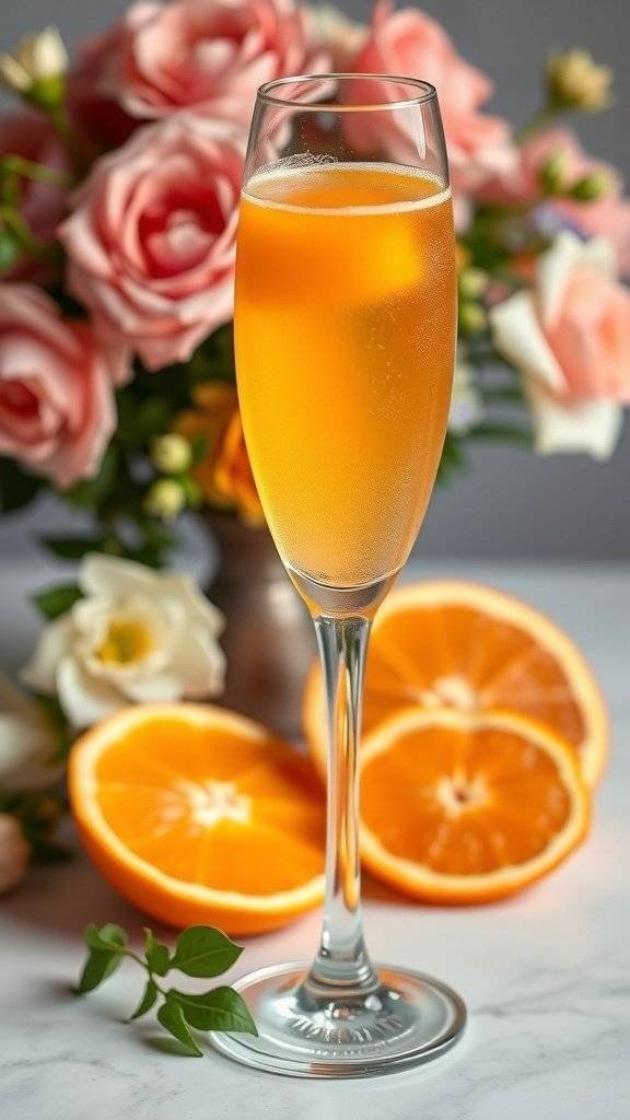 A glass of mimosa with orange slices and flowers in the background