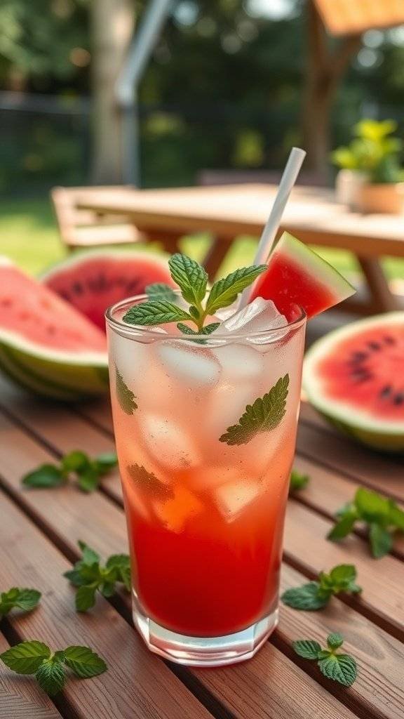 A refreshing Minty Watermelon Cooler cocktail with mint leaves and watermelon slices on a wooden table.
