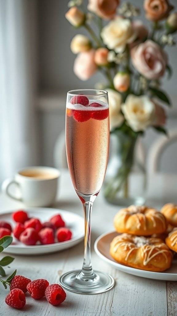 A Raspberry Bellini cocktail in a flute glass, garnished with raspberries, alongside a plate of raspberries and pastries.