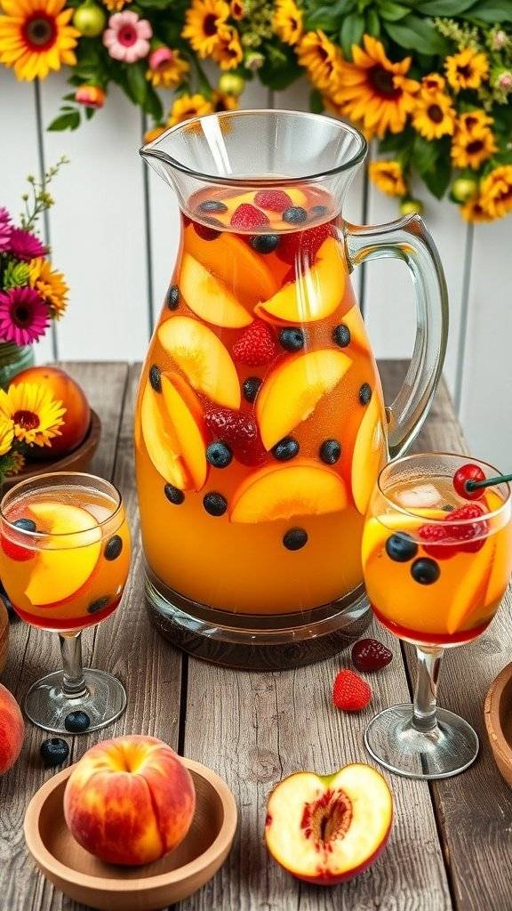 A pitcher of Peach Sangria filled with sliced peaches, blueberries, and raspberries, surrounded by fresh fruit and flowers.