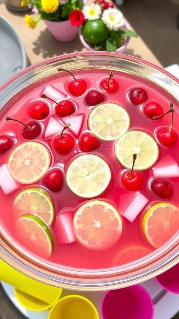 A vibrant bowl of Cherry Limeade Punch with cherries and lime slices, perfect for Mother's Day cocktails.