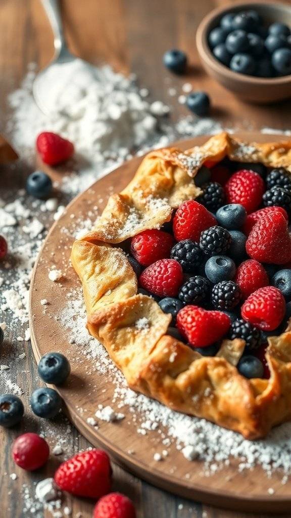 A rustic berry galette with fresh raspberries, blueberries, and blackberries, dusted with powdered sugar.