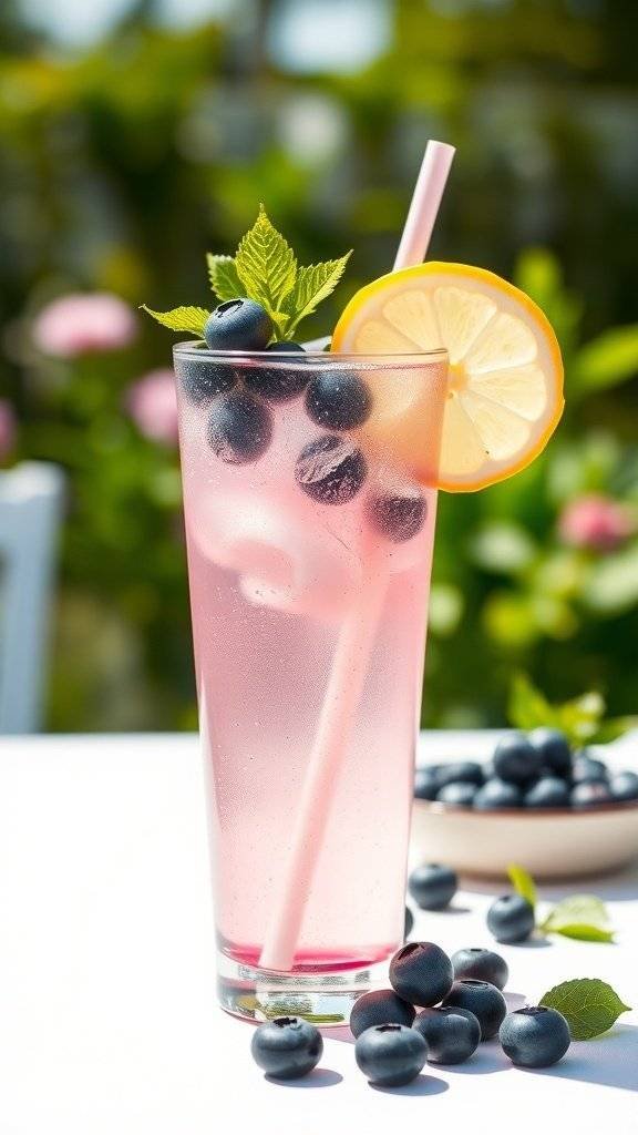 A refreshing fruity blueberry vodka lemonade cocktail garnished with mint and lemon, surrounded by fresh blueberries.