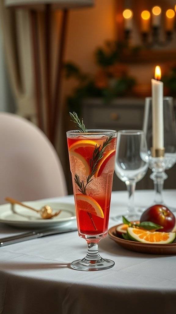 A glass of rose sangria garnished with citrus slices and rosemary, set on a beautifully arranged table.