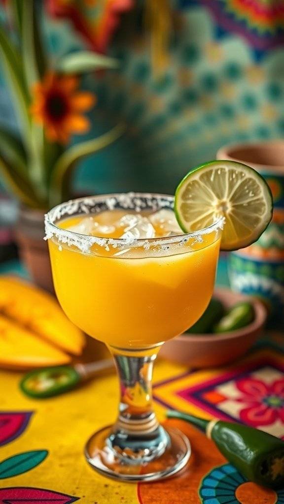 A vibrant Spicy Mango Margarita in a glass with a salted rim, garnished with a lime slice, set against a colorful background.