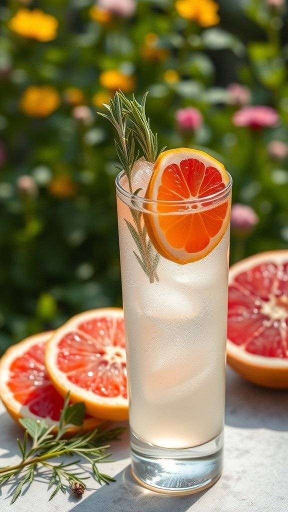 A refreshing grapefruit rosemary cocktail garnished with a slice of grapefruit and rosemary sprig, set against a backdrop of colorful flowers.