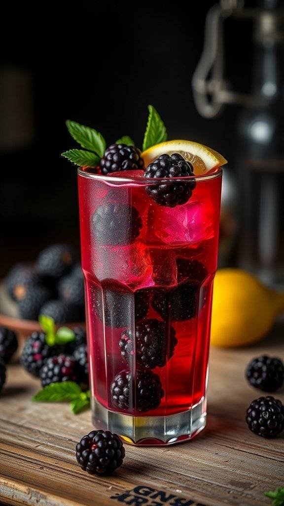 A refreshing Smooth Blackberry Bramble cocktail garnished with mint and lemon.