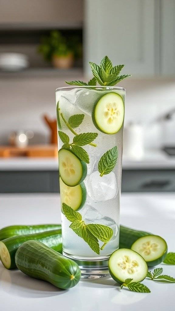 A refreshing Cucumber Mint Cooler cocktail with cucumber slices and mint leaves.
