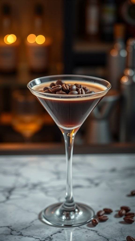 A beautifully crafted Espresso Martini in a glass, garnished with coffee beans, set against a blurred bar background.