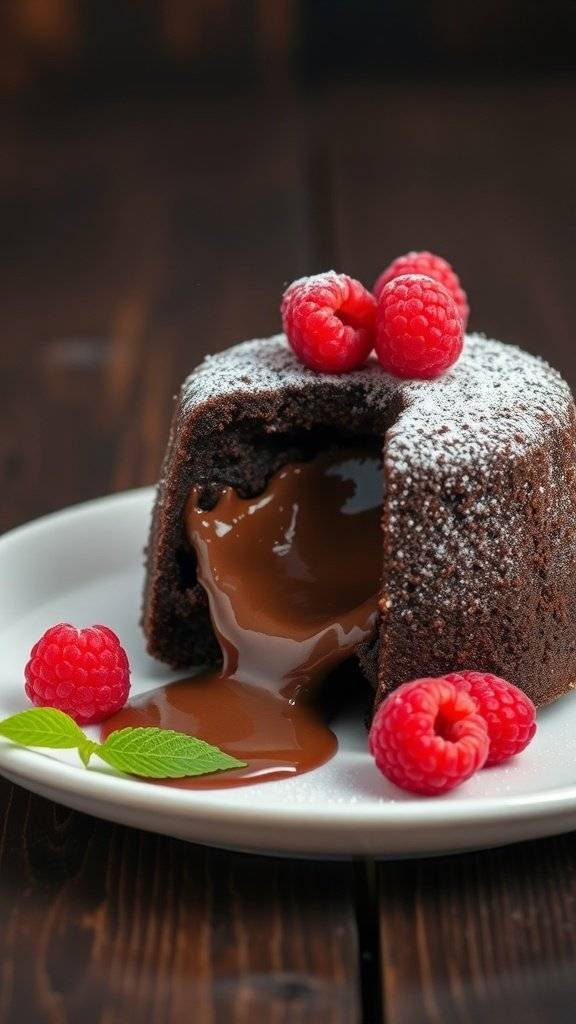 Chocolate lava cake with raspberries on a plate