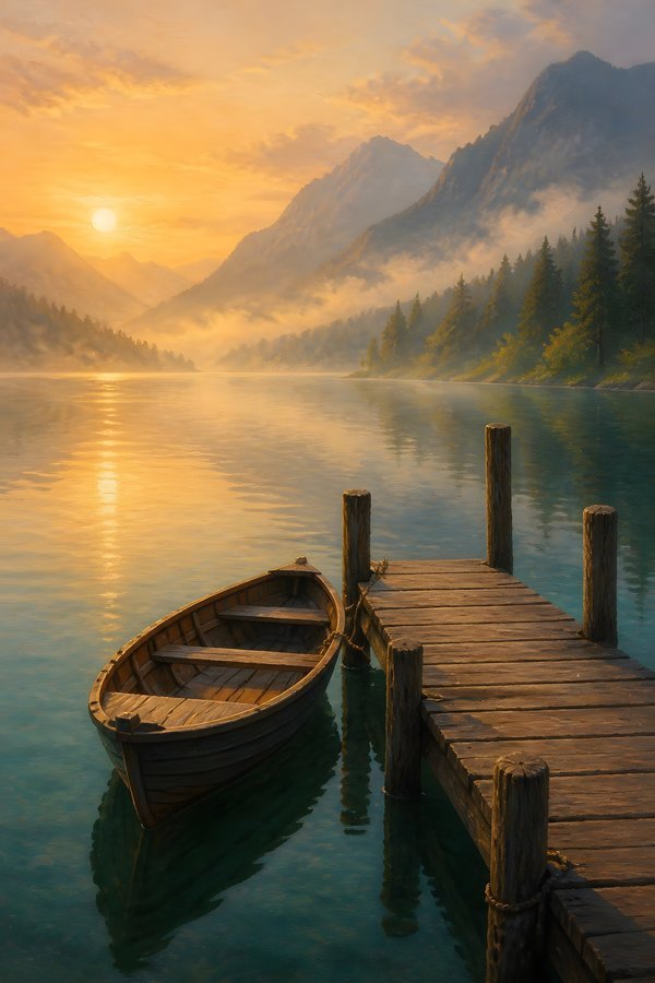 Painterly wall art of a misty mountain lake at golden hour with a wooden dock and an empty rowboat on teal water