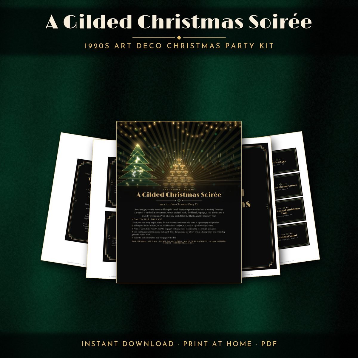 A Gilded Christmas Soiree, a printable 1920s Art Deco Christmas party kit with invitations, menus and cocktail cards