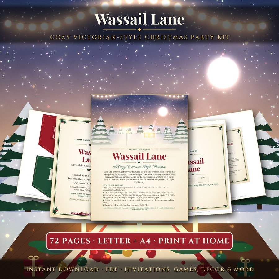 Wassail Lane, a printable cozy Victorian-style Christmas party kit with invitations, menu, banner and place cards over a snowy cottage scene