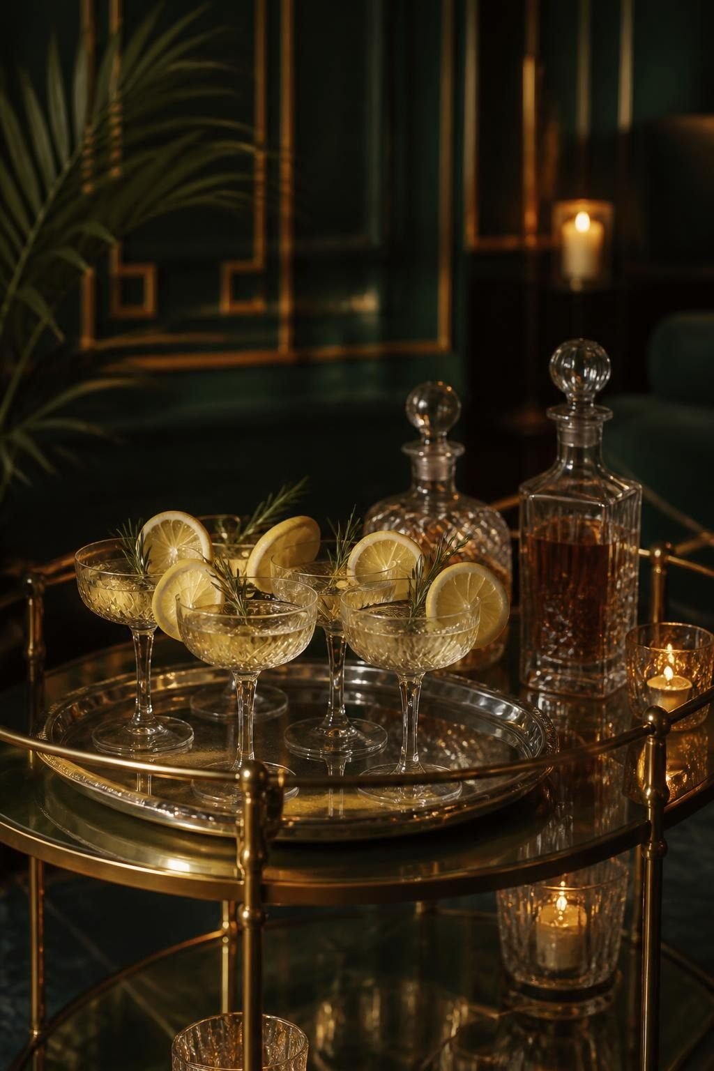Brass bar cart with champagne coupes, lemon wheels and rosemary