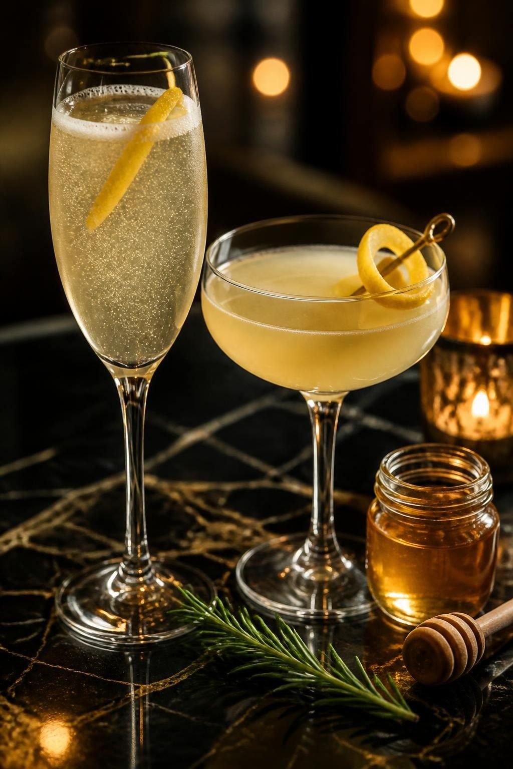French 75 and Bee's Knees cocktails with honey and rosemary