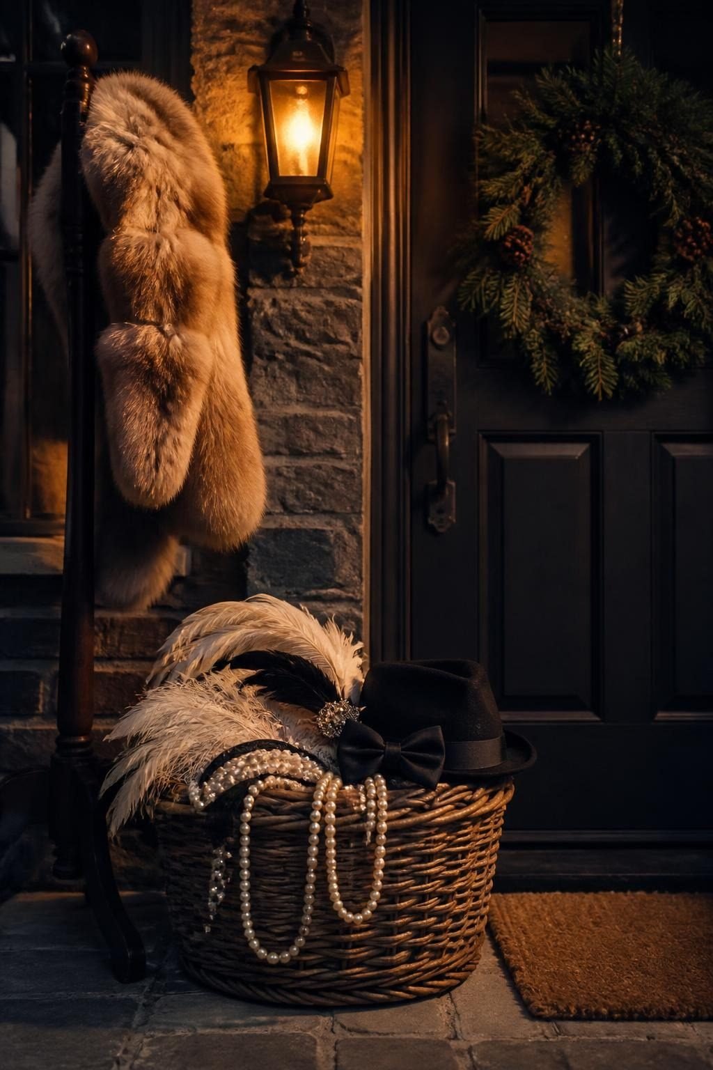 Basket of pearls, feathers and a fedora by the front door