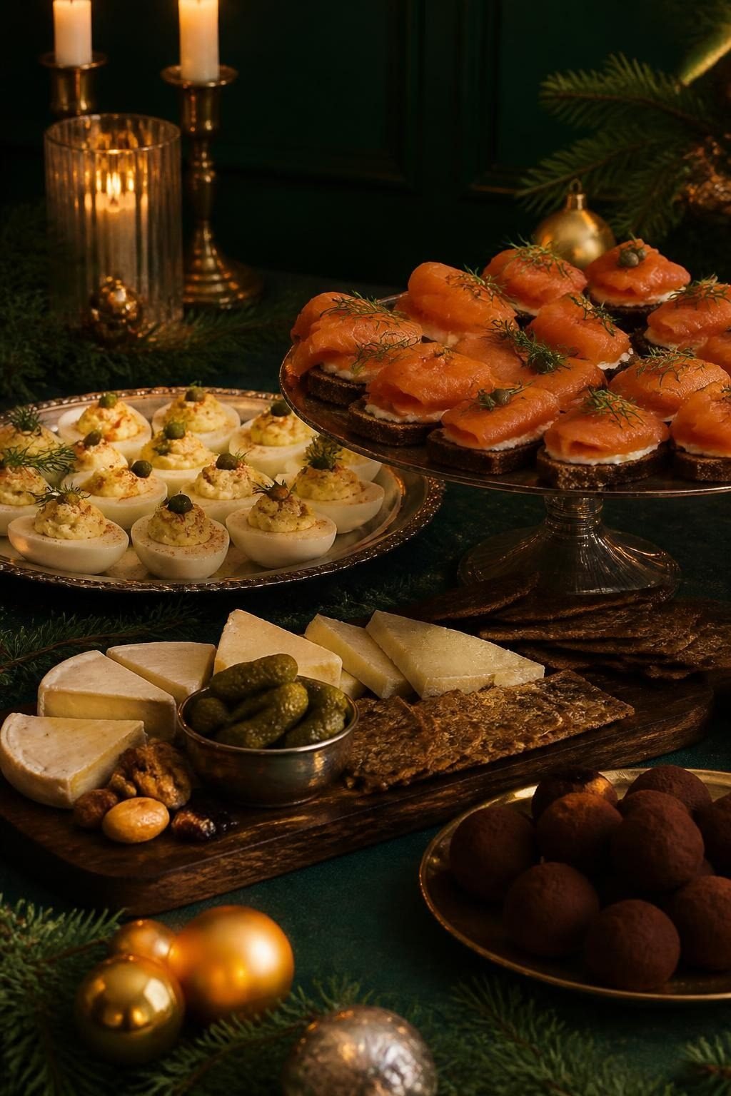 Christmas party food table with deviled eggs, salmon toasts, a cheese board and truffles