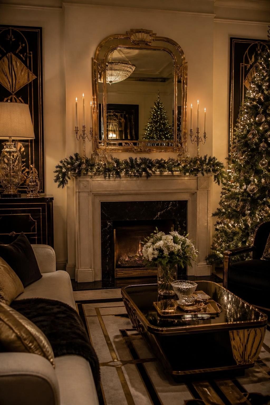 Lamplit Art Deco living room at Christmas with a gilded mirror over an evergreen mantel
