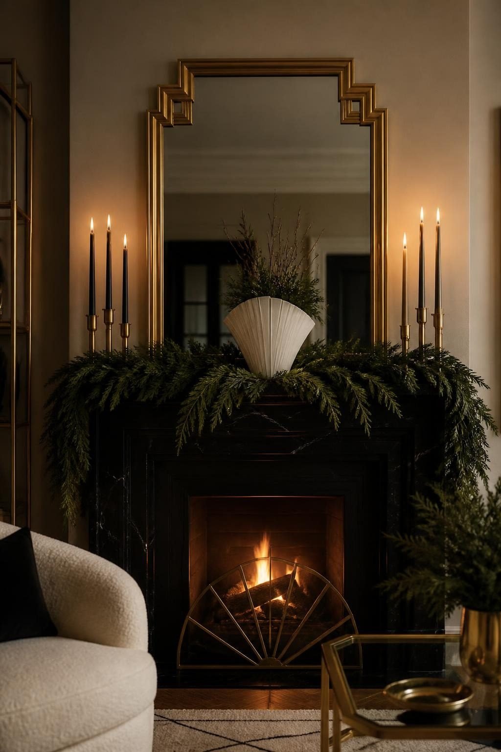 Evergreen garland over a gold Art Deco mirror with tall candles