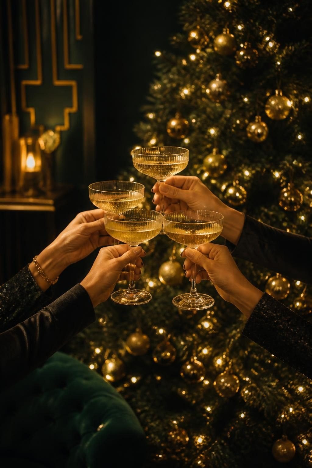 Hands raising champagne coupes in a midnight toast by the Christmas tree