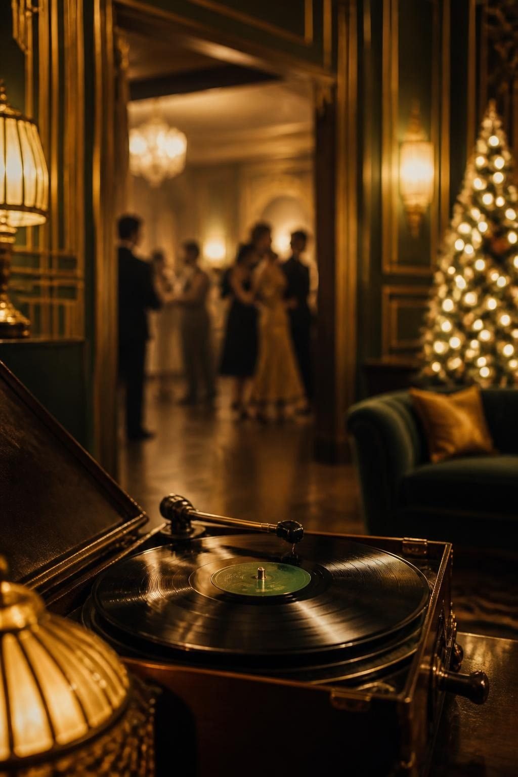 Vintage record player spinning with blurred dancers behind