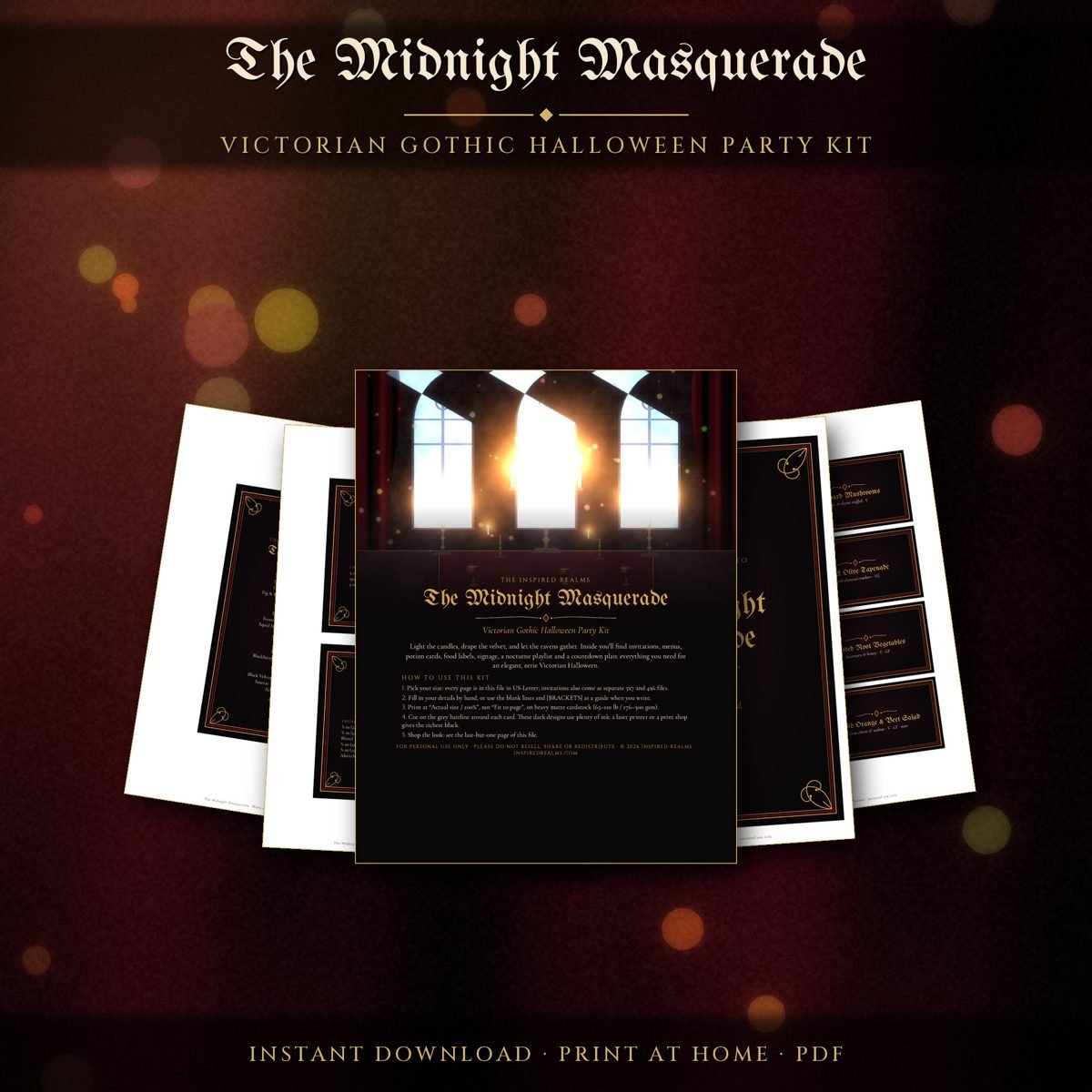 Gothic Halloween party kit, a printable set with invitations, menu and cocktail cards