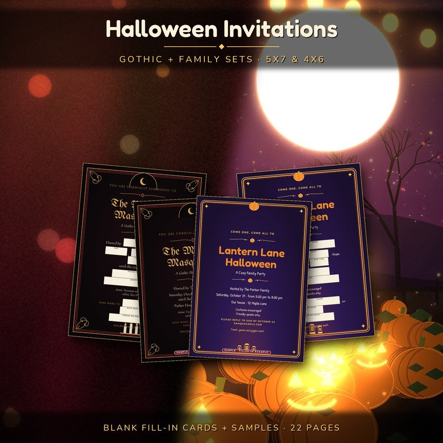 Halloween Invitation Set, printable 5x7 and 4x6 fill-in invitations in a gothic design and a cozy family Lantern Lane design
