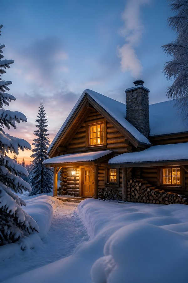 Painterly wall art of a timber log cabin in a snowy spruce forest at blue hour with golden windows and chimney smoke