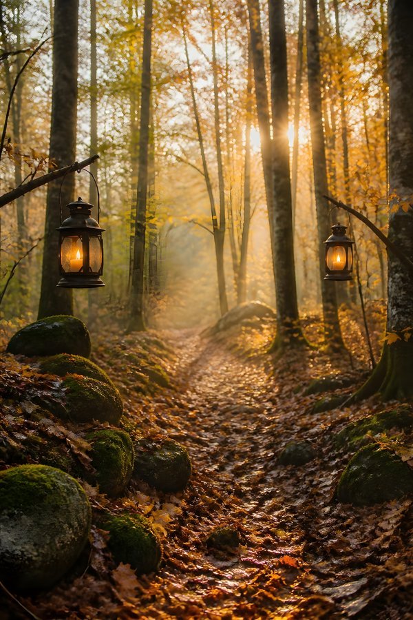 Painterly wall art of an autumn woodland path with copper leaves, mist and two glowing lanterns hanging from branches