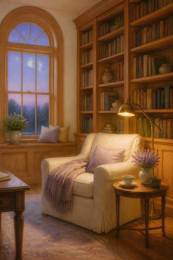 Painterly wall art of a cosy library reading nook with a cream armchair, lavender throw, book shelves and a brass floor lamp at twilight
