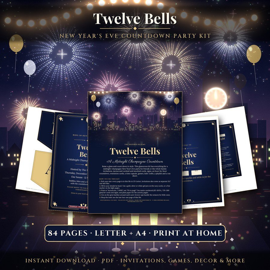 Twelve Bells, a printable New Year's Eve countdown party kit with invitations, banner, menu and signs over a midnight skyline with fireworks