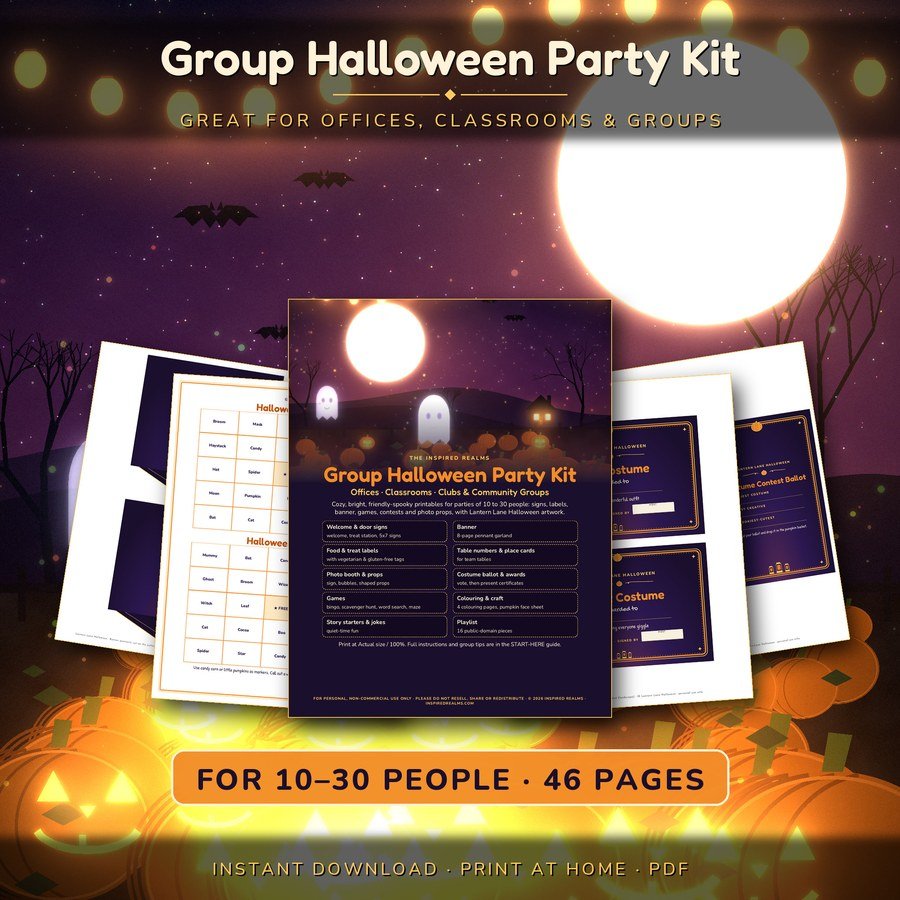 Group Halloween party kit for offices, classrooms and clubs, printable signs, banner, labels, bingo and costume contest pages