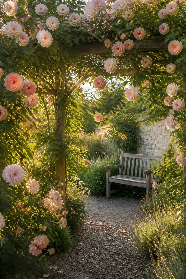 Painterly wall art of a garden arbour covered in blush pink and cream climbing roses with a wooden bench beside a stone wall