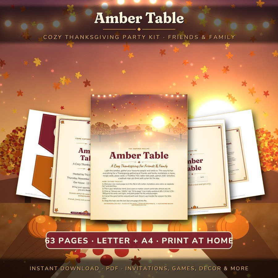Amber Table, a printable cozy Thanksgiving party kit with invitation, banner and menu pages over an autumn sunset with pumpkins